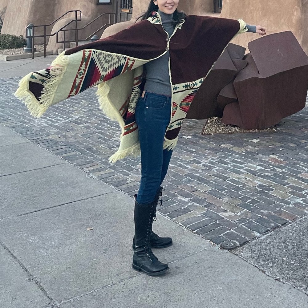 alpaca wool hooded unisex poncho L - aztec patte